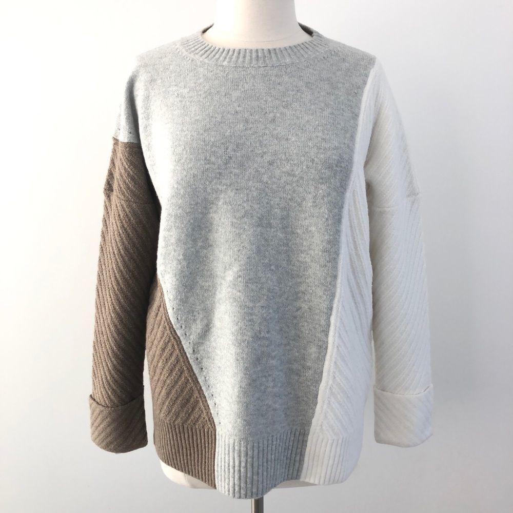 French Connection Color Block Oversized Crewneck Sweater in Ivory, Grey & Brown - Picture 2 of 13